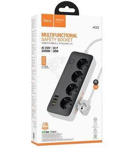Мережевий подовжувач з USB портами 2500 W 3 метри PD30W USB HOCO AC22 Desktop Socket