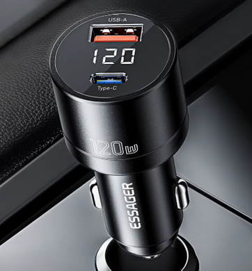 Автомобільний зарядний пристрій Essager 120W QC 4.0 PD 3.0 з дисплеєм